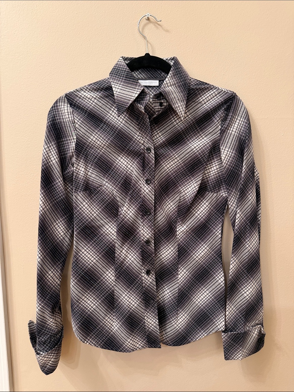 New York & Company Black and Gray Plaid Button-Down Shirt with a silver thread.